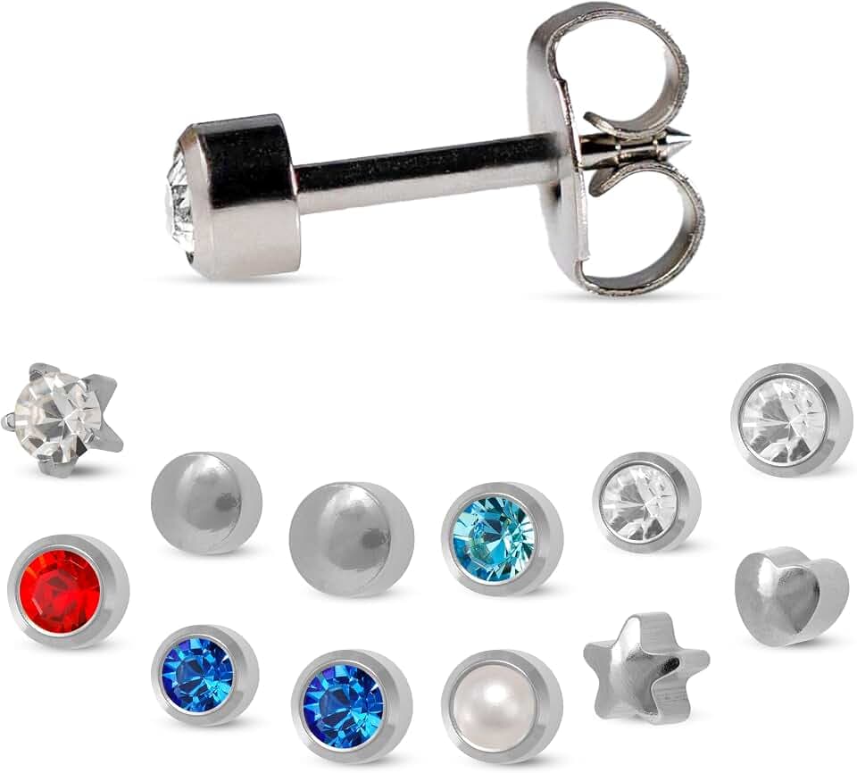 Caflon Stainless Steel Assorted CZ Stud Earrings, Nickel-Safe, Pack 12