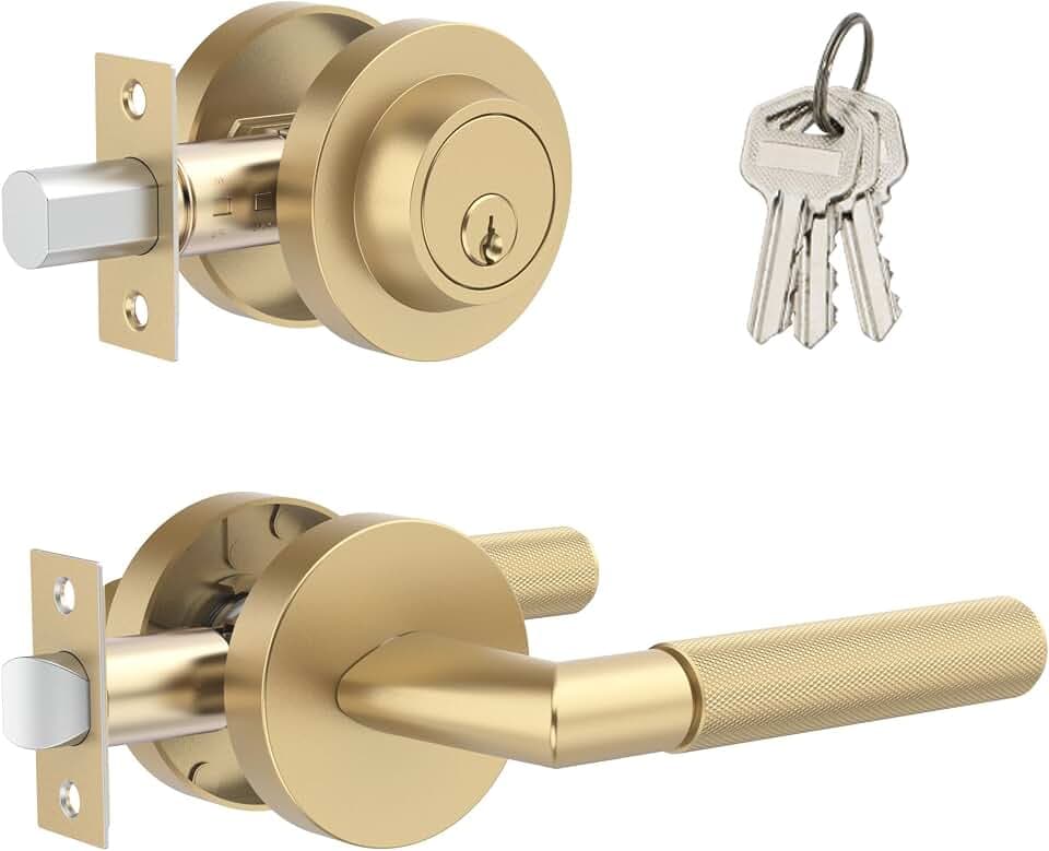 Zylaria 2 Pack Brushed Gold Knurled Entry Deadbolt & Passage Handle Combo