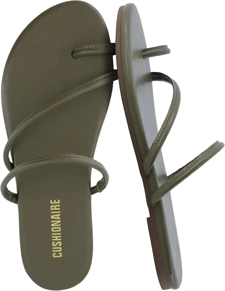 CUSHIONAIRE Resort Strappy Sandals for Women, Vegan Leather Memory Foam Flat Women's Sandals with Toe Ring