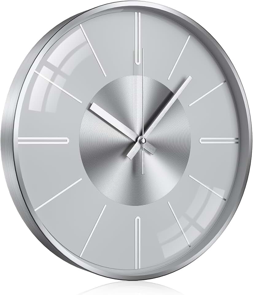 Wanduhr Ohne Tickgeräusche Lautlos Modern wanduhren 12 Zoll Rund Geräuschlos Küchenuhr Aluminium Wall Clock Für Wohnzimmer Küche Schlafzimmer Und Büro(Silberne und weiße Skala)