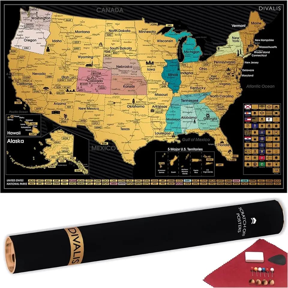 Detailed Scratch off USA Map with Scratcher - 24x16 Easy to Frame 63 National Parks Scratch Off Travel Poster of the United States of America - Large Scratchable US Map with Landmarks and States Flags
