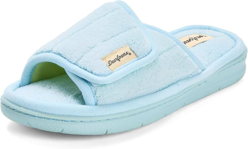 Dearfoams Mickey Adjustable Terry Slide, Memory Foam Washable Open Toe Indoor Summer House Slippers