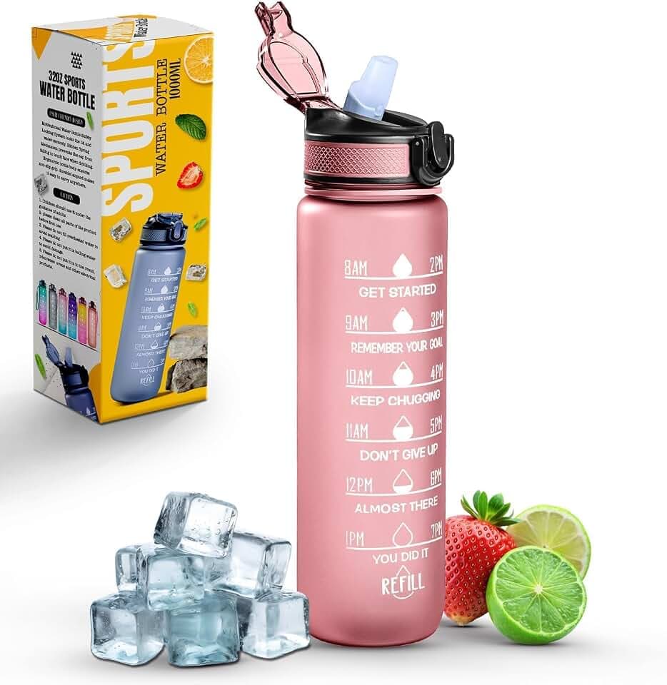 Roe Tenpo Trinkflasche 1L, Sport Trinkflasche mit Strohhalm & Zeitmarkierung, Tritan Wasserflasche BPA-frei, auslaufsicher – Sport Flasche für Fitness, Gym, Outdoor, Fahrrad & Schule