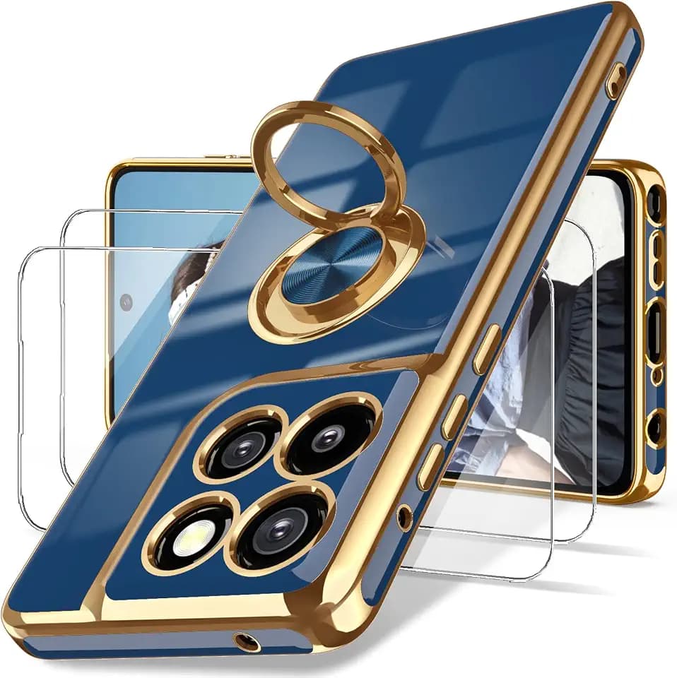 Dretal for Moto G Stylus 5G 2026 Case, 2X Screen Protector, 360° Rotatable Ring Holder Magnetic Kickstand,Plated Gold Edge Slim Soft TPU Protective Cover for Motorola G Stylus 5G 2025 (Blue)