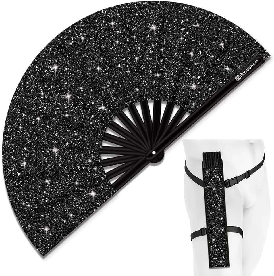 Glitter Large Rave Folding Clack Hand Fan with Holster, Popping Handheld Fan Foldable for Men Women for EDM Festival Club Party Dance, (Black, Large 13")