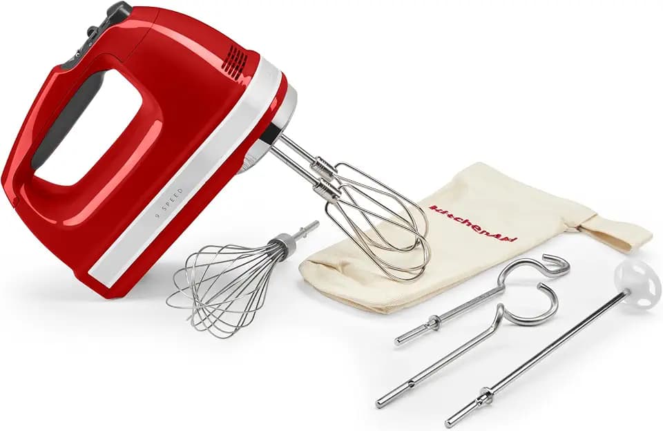 KitchenAid Handmixer 9 Stufen, 85W leiser DC-Motor mit Sanftanlauf, 6 Zubehörteile – Rühr-, Knethaken, Schneebesen & Rührstab, Schwenkkabel, Tasche, Empire Red