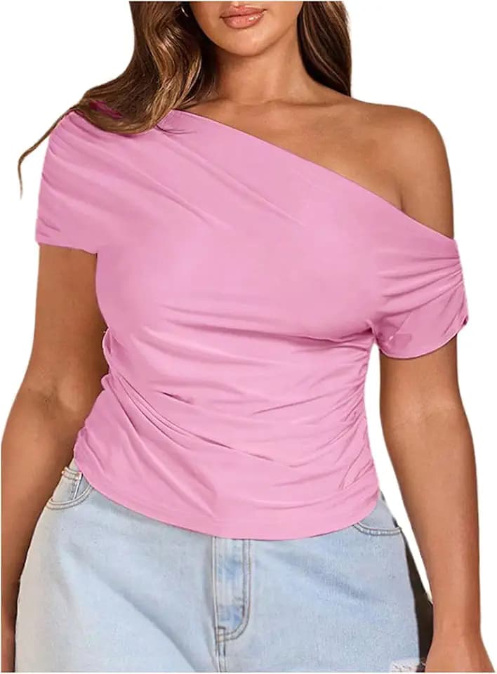 WDIRARA Women's Plus Size Off Shoulder Tee Shirt Ruched Asymmetrical Tops