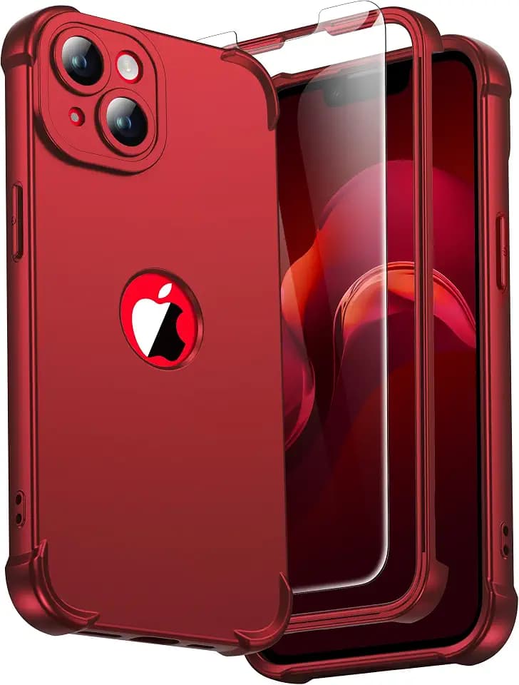 ORETECH 3 in 1 for iPhone 14 Case with 2X 9H Screen Protector, Red