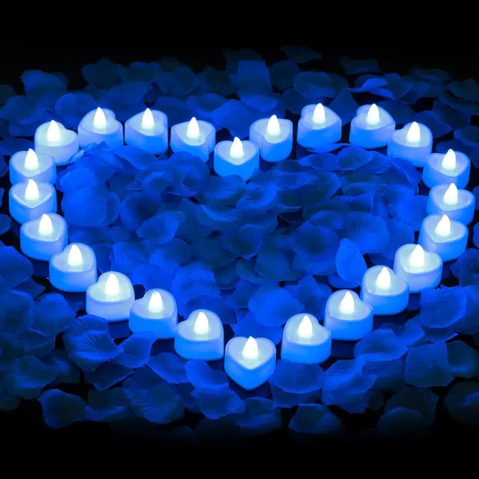 cridoz Blue Rose Petals for Romantic Night for him Set, 2000 Pieces Artificial Rose Petals with 24 Pieces Flameless LED Candles for Decoration Wedding Party Valentine's Day(Blue)