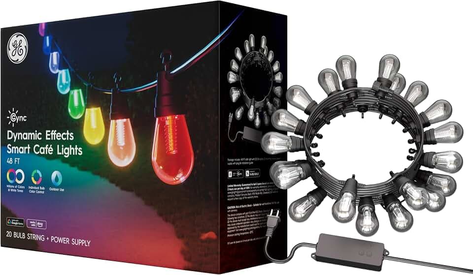 Cync GE Dynamic Effects Smart Cafe Lights, Color Changing Patio String Lights, Compatible with Alexa and Google, 48ft