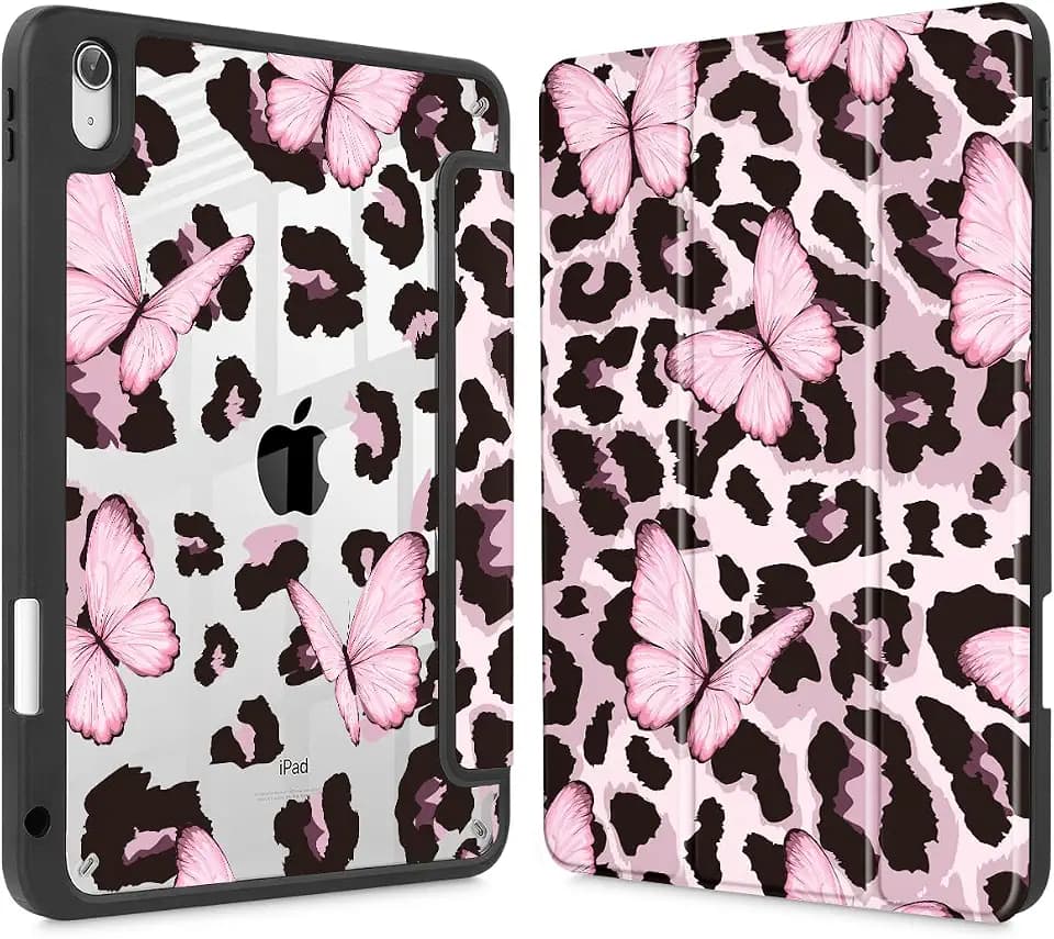 Mektron Case for 2025 iPad 11 inch (A16 Chip) 11th Gen Fit iPad 10th Gen10.9 inch 2022, Buit in Pencil Holder with Shockproof Cover Clear Shell + Auto Wake/Sleep, Leopard Pink Butterfly
