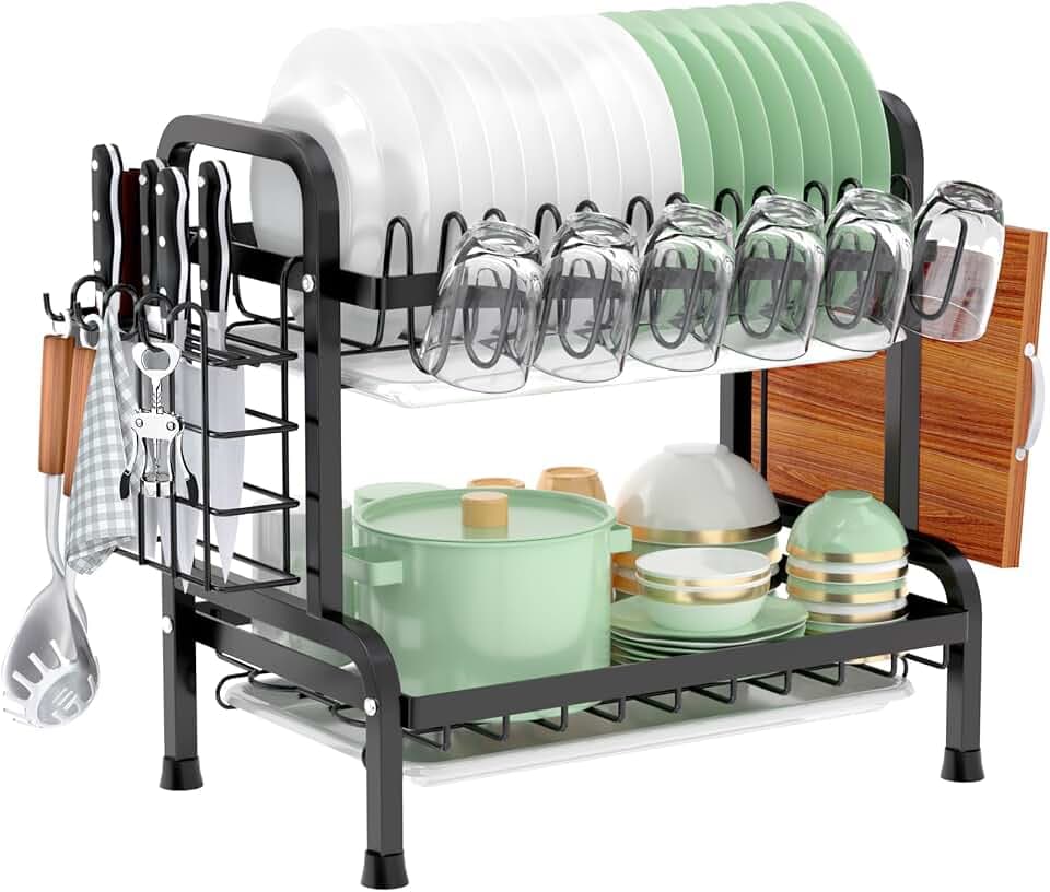 JAMATA Abtropfgestell Geschirr mit Abtropfschale,2-Etagen Geschirrabtropfgestell Edelstahl,Dish Drainer mit Besteckkorb,Getränkehalter–Rostfrei,Platzsparend Multifunktional für Küchenutensilien