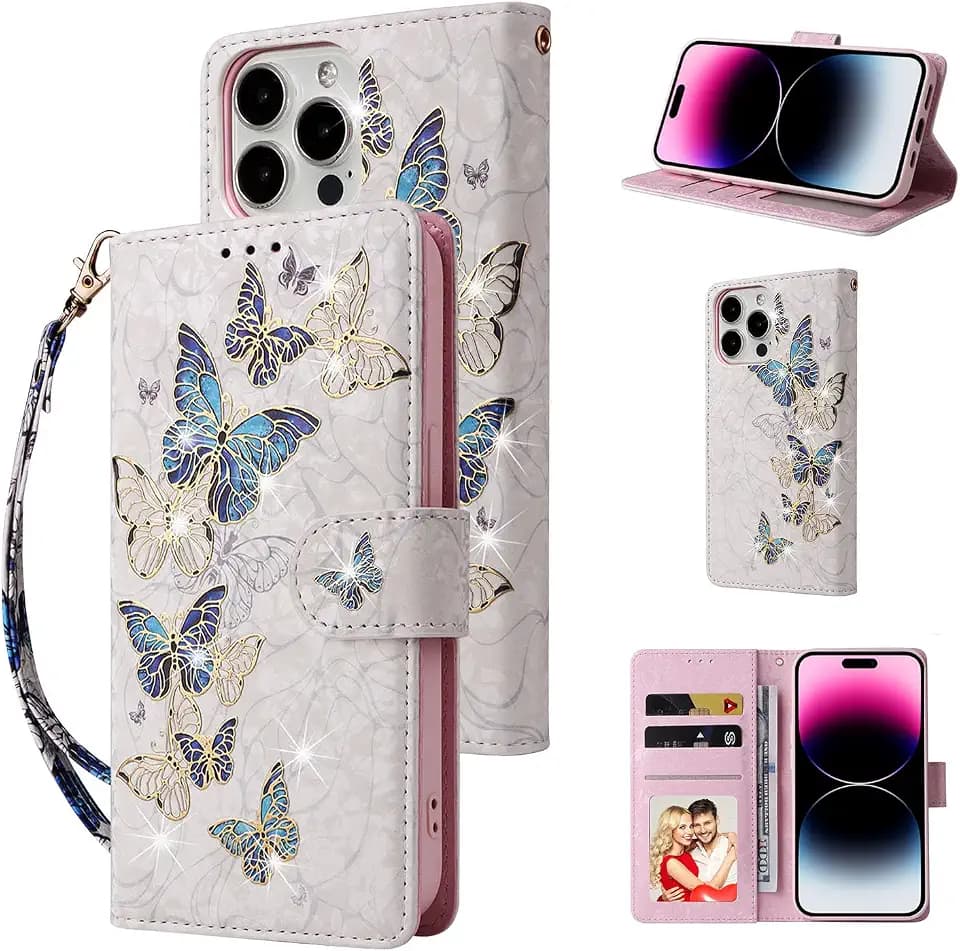 UEEBAI Wallet Case for iPhone 13 Pro Max, PU Leather Phone Cover Kickstand RFID Blocking Flip Case Card Slots Wrist Strap Relief Engraved Pattern Magnetic Closure Flower Folio Wallet, Blue Butterfly