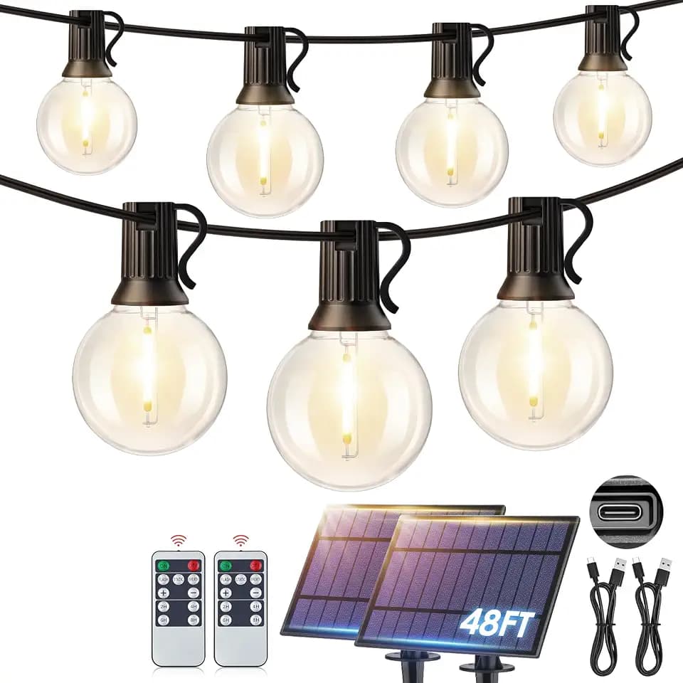 Mlambert 96FT(2x48FT) Solar String Lights with Remote, Outdoor Waterproof Patio Lights with 32 LED Shatterproof G40 Bulbs(2 Spare) for Yard-Black Wire