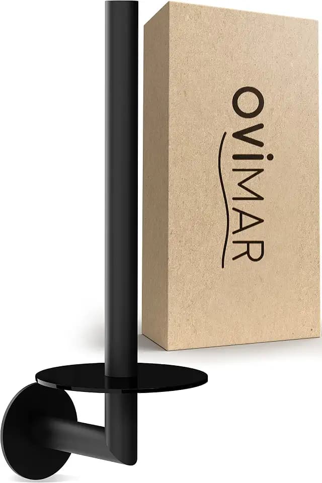 ovimar Ersatzrollenhalter Runde zum Kleben in Edelstahl schwarz matt und mit schwarzem Glas | Bad Klorollen Aufbewahrung zur Wandbefestigung ohne Bohren selbstklebend von bis zu 2 Rollen WC Papier