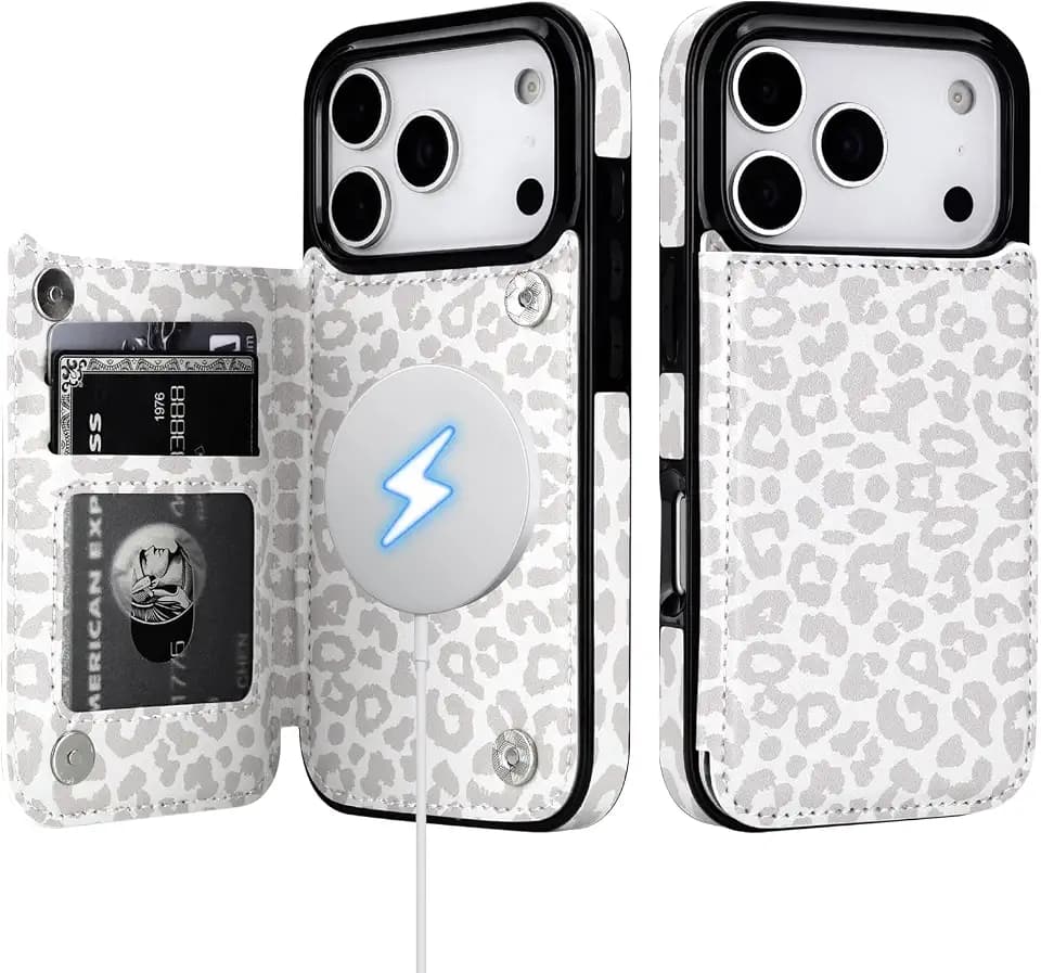 HAOPINSH for MagSafe Wallet Case for iPhone 18 Pro & 17 Pro, White Leopard