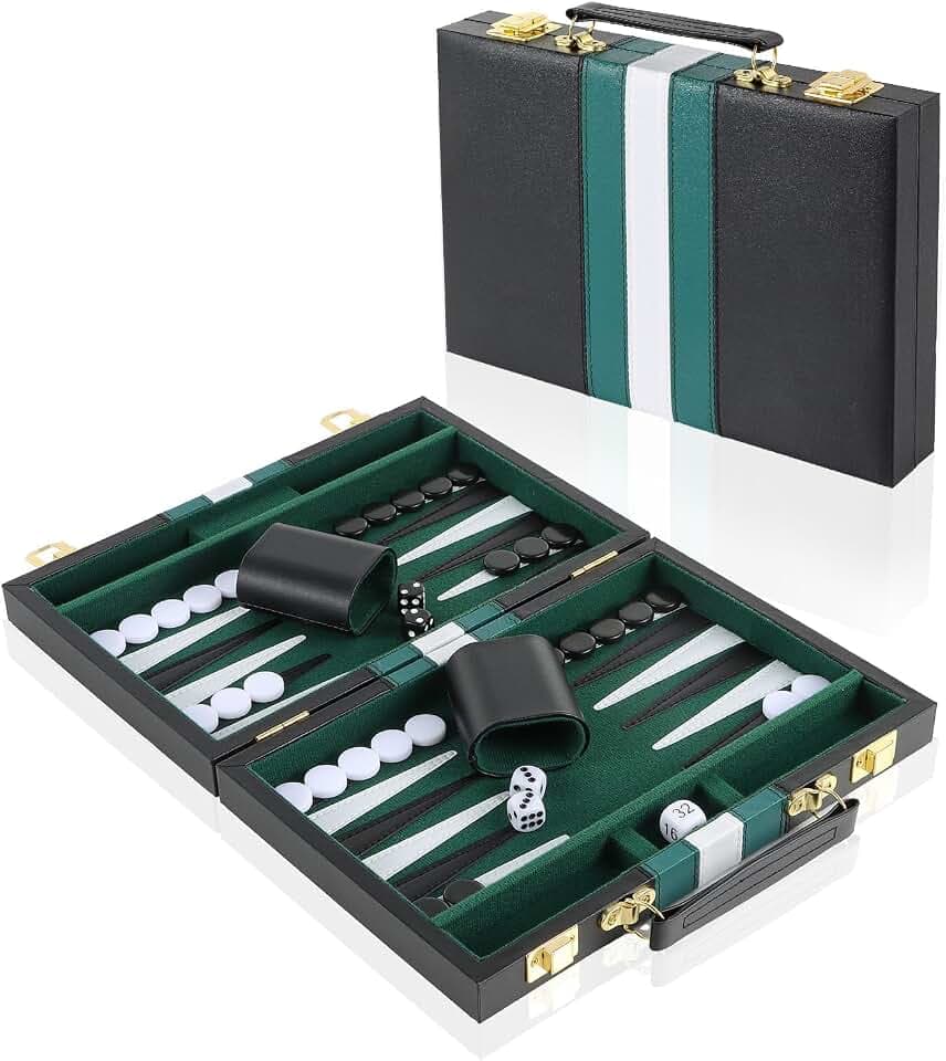 Vehipa 28cm Backgammon Koffer mit komplettem Zubehör für 2 Spieler (Grüner)