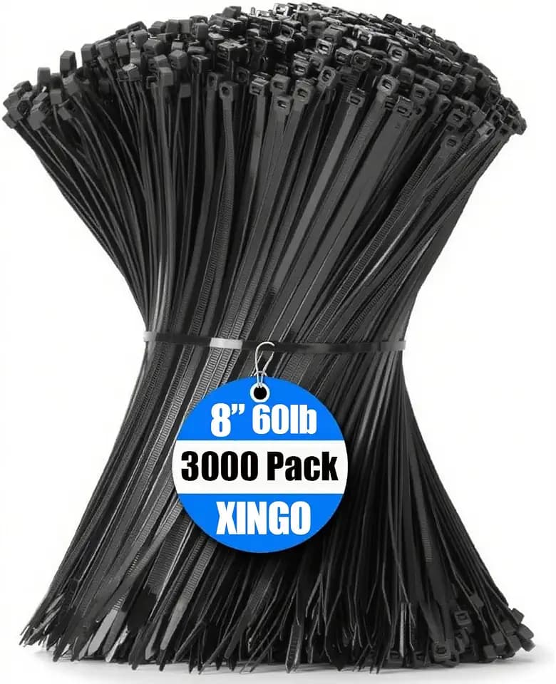 XINGO 3000 PCS Black Zip Ties 8 Inch, 60 LBS Tensile Strength, Self-Locking Nylon Plastic Nylon PA66 Wire Ties for Indoor and Outdoor Use