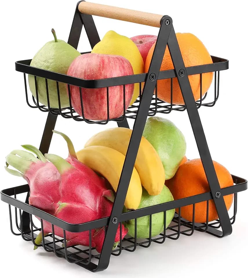 Obst Etagere 2 Etagen Obstkorb, Obstschale Schwarz Metall Fruits Basket, Abnehmbar Gemüseregal Küchen Organizer, Obst Brot Gemüse Aufbewahrung Snacks Korb für Küche