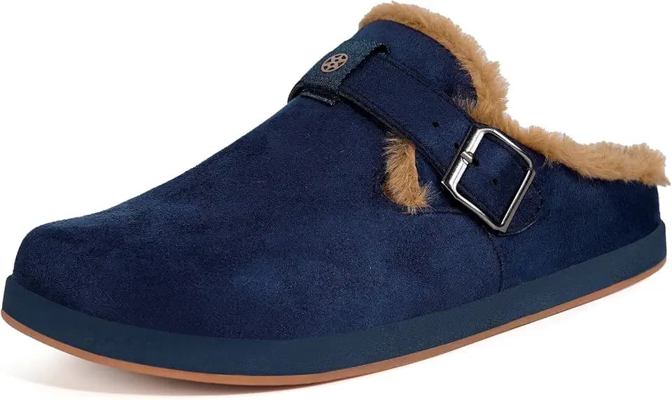 Sisttke Hausschuhe Gefüttert Herren Wildleder Pantoffeln mit Fleecefutter Warme und Bequeme Winter Lined Clogs, Navy blau, 44 EU