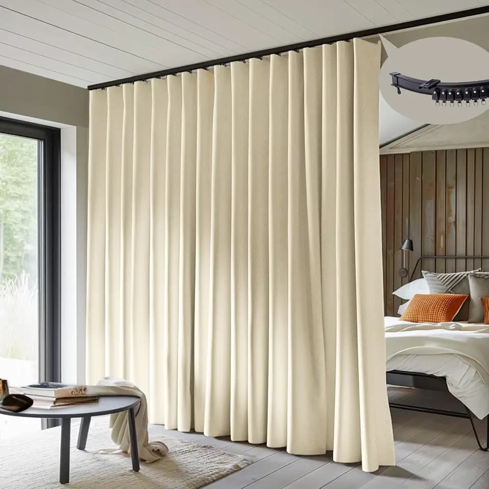 MaKefeile Room Divider Curtains with Flexible Ceiling Curtain Tracks Set,100% Blackout Floor to Ceiling Curtains Patio Sliding Door Curtains (Beige Drape & Black Rail W 10 × H 8 FT)