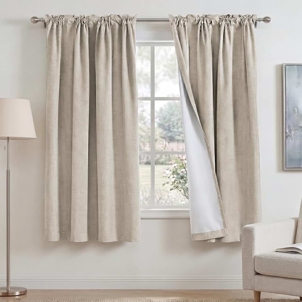 PrinceDeco 100% Blackout Linen Curtains for Bedroom 52x63 Inch, Natural
