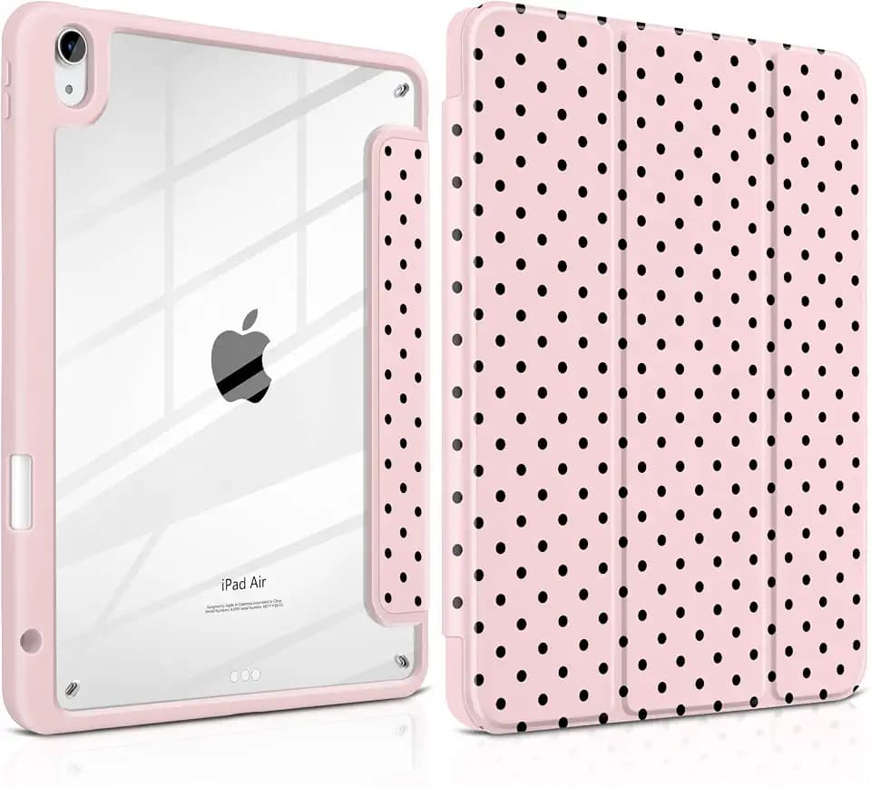 Case for iPad Air 11 Inch M4 M3 M2 2026 2025 2024, iPad Air 5th 4th Generation 10.9 Inch 2022 2020-[Pencil Holder], Shockproof Clear Hard Back, Trifold Stand,Auto Wake/Sleep, Pink Polka dot