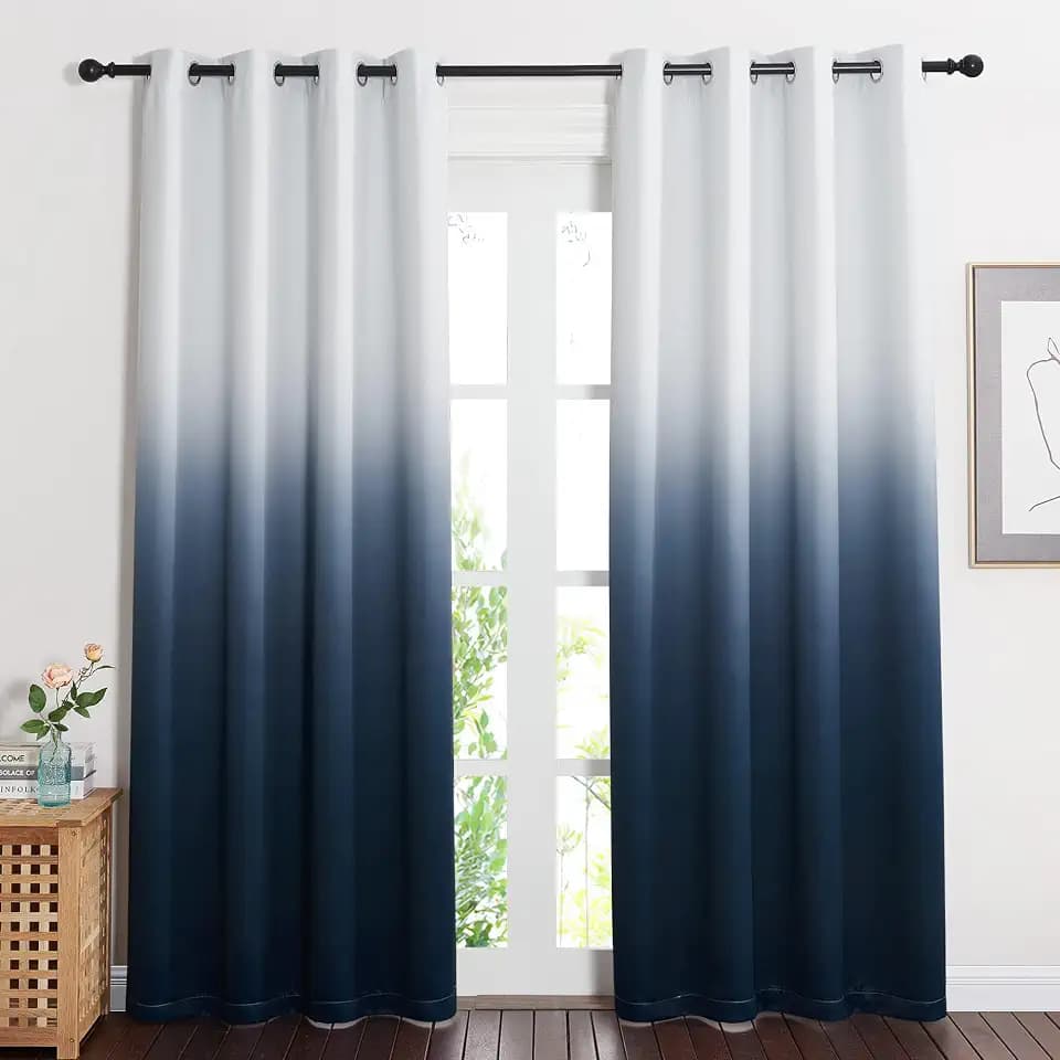 NICETOWN Blackout Curtains 63 inches Long, Room Darkening Navy Blue and Greyish White Grommet Thermal Insulated Gradient Curtains Ombre for Bedroom Living Room, 2 Panels, 52x63 inch