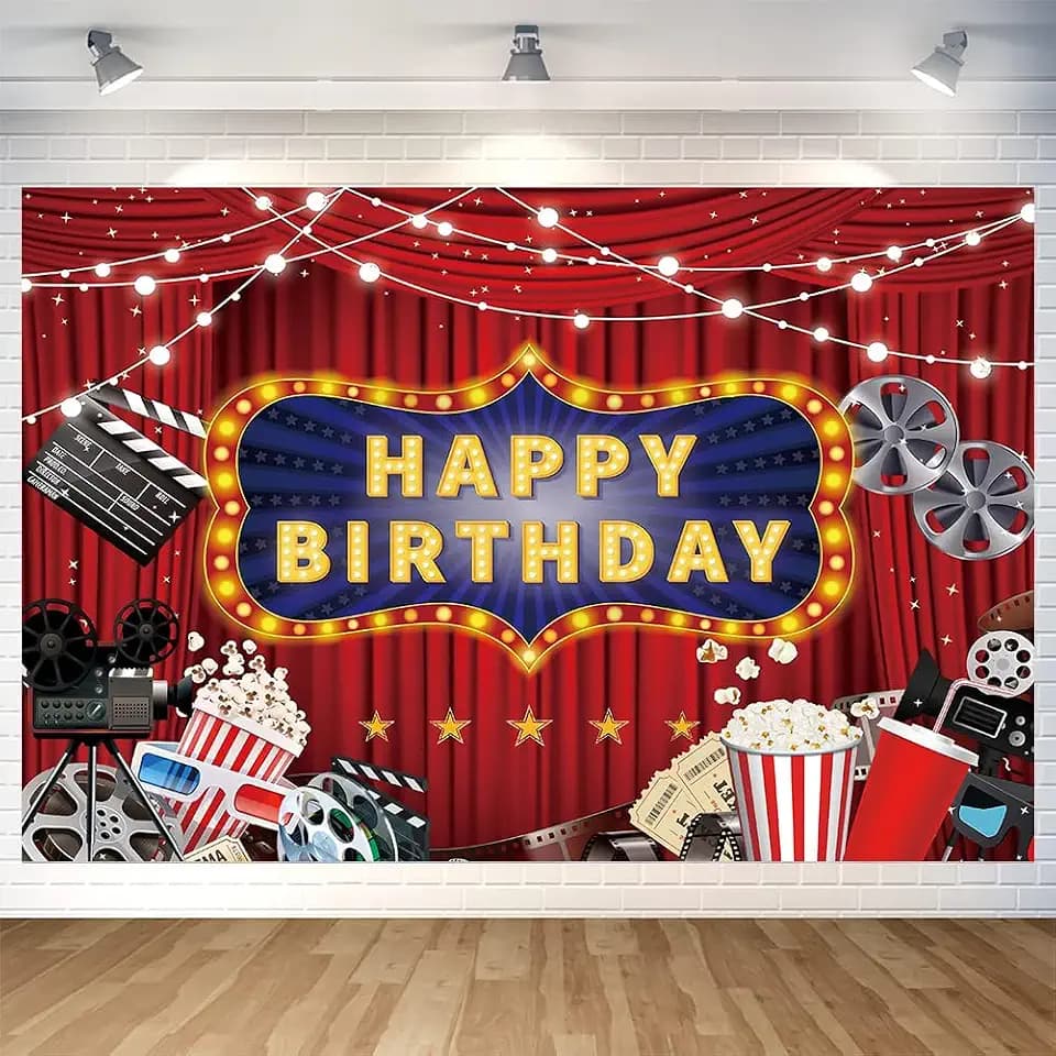 Movie Night Happy Birthday Backdrop Decorations Banner Movie Night Photo Background for Home Indoor Outdoor Birthday Party Decorations Supplies 70.8 x 47.2 Inch