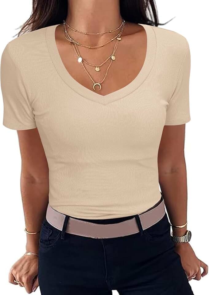 Aottori T-Shirt Damen V-Ausschnitt Gerippt Basic Top Kurzarm Sommer