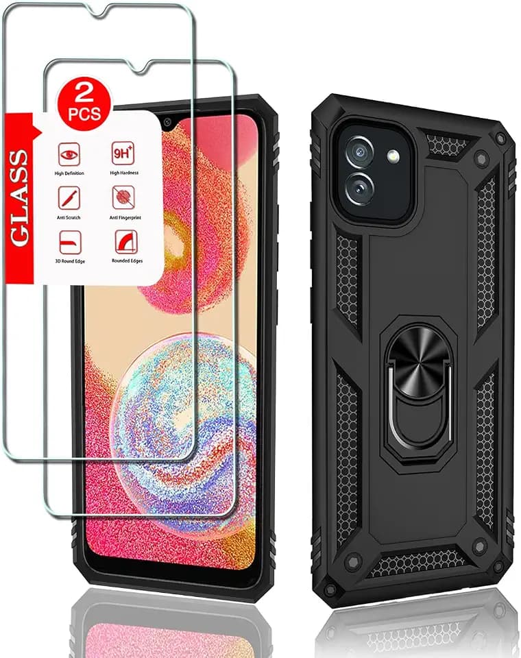 for Samsung Galaxy A04E Case with [2 Pack] Tempered Glass Screen Protector, for Galaxy A04e Heavy Duty Armor [Military-Grade] Protective，with Magnetic Kickstand Car Mount Holder Phone Case