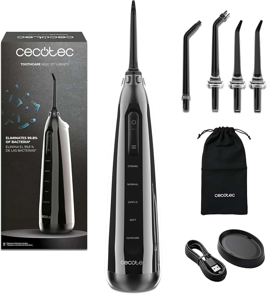 Cecotec Munddusche ToothCare 6000 Jet Liberty, 180 ml, 1500 Impulse/Min, 5 Modi inkl. GumCare, 4 magnetische 360°-Düsen, IPX7 wasserdicht, 30 Tage Akku, Ladestation, Auto-Off nach 90 Sekunden