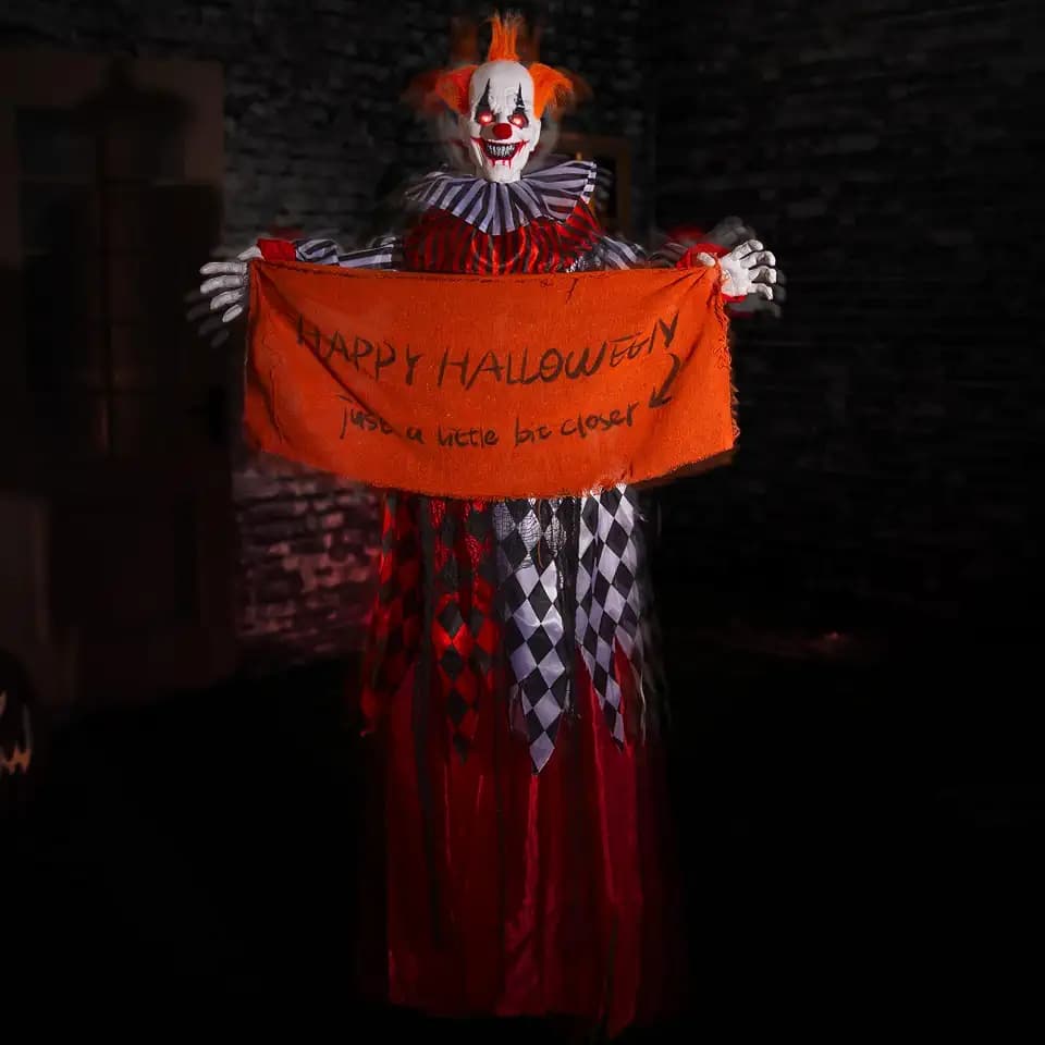 Halloween Animatronics 5ft Hanging Clown, 60inch Floating Animated Clown Decorations with Banner, Sound Activated, Creepy Voice, Light Up Eyes, Scary Move, Spooky Horror Prop for Indoor, Outdoor