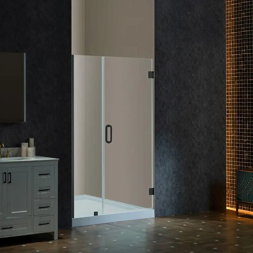 WOODBRIDGE 54-55" W x 76" H Pivot Frameless Single Swing Hinge Shower Door, 3/8 in. (10mm) Thickness Shattered-Proof Tempered Clear Glass with Matte Black Trim