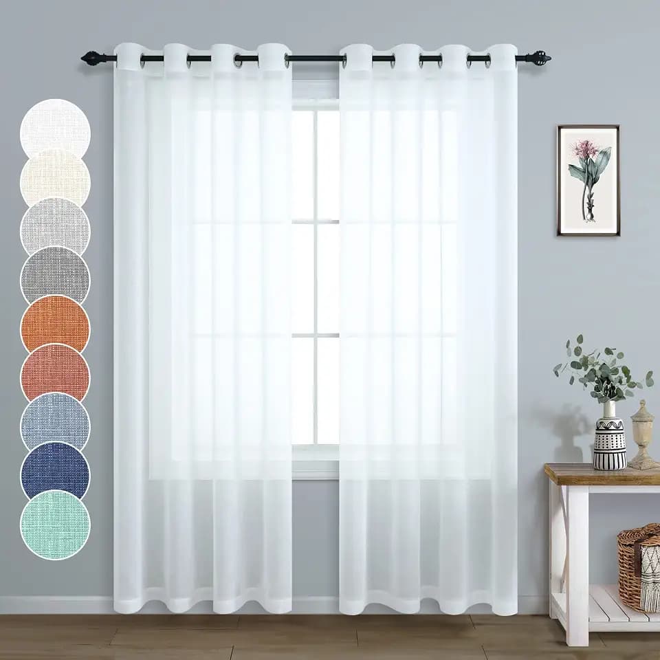 Pitalk White Semi Sheer Curtains 90 Inches Long for Living Room 2 Panels Set Rod Pocket Faux Linen Textured Lightweight Flowy See Through White Sheer Curtains for Bedroom 52 x 90 in Length 7.5 FT Tall