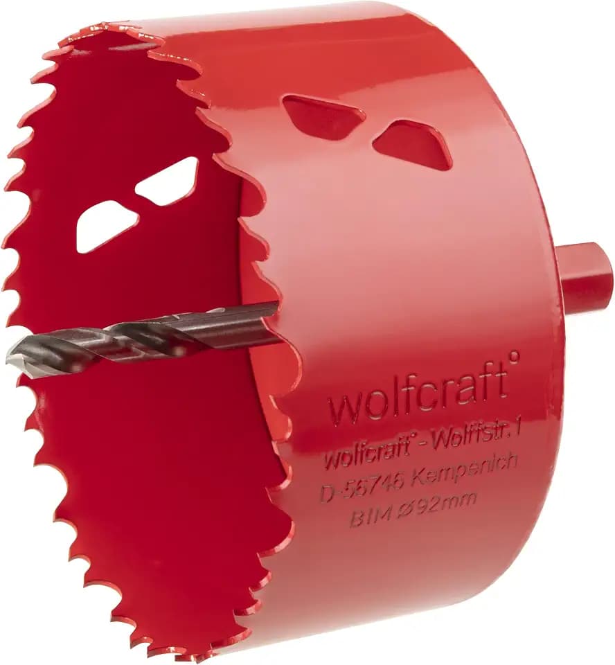 wolfcraft Bi-Metall-Lochsäge, Ø 92 mm - Für Trockenbaumaterialien, Holz, Kunststoffe und Metalle, Schnitttiefe 40 mm - für Einbauspots & LED-Leuchten, Lüftung & Abluft, Möbel- & DIY-Projekte - 5492000