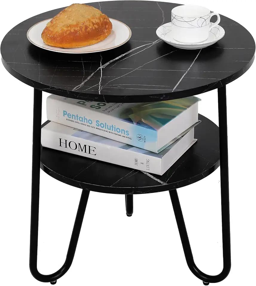 Mingone Beistelltisch Rund Couchtisch Holz mit 2 Etagen Schwarz