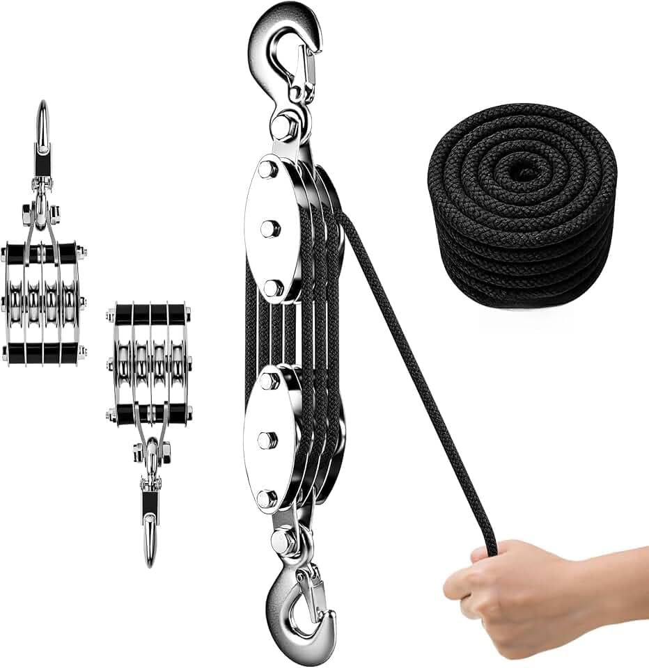 Flaschenzug Set 2000 kg Bruchlast, 8:1 Handseilzug mit 30 m Nylonseil, 300 kg WLL, Umlenkrolle inkl. Hebebänder, Schäkel & Handschuhe, 270° Drehbarer Haken für Jagd, Werkstatt, Garage und Forst