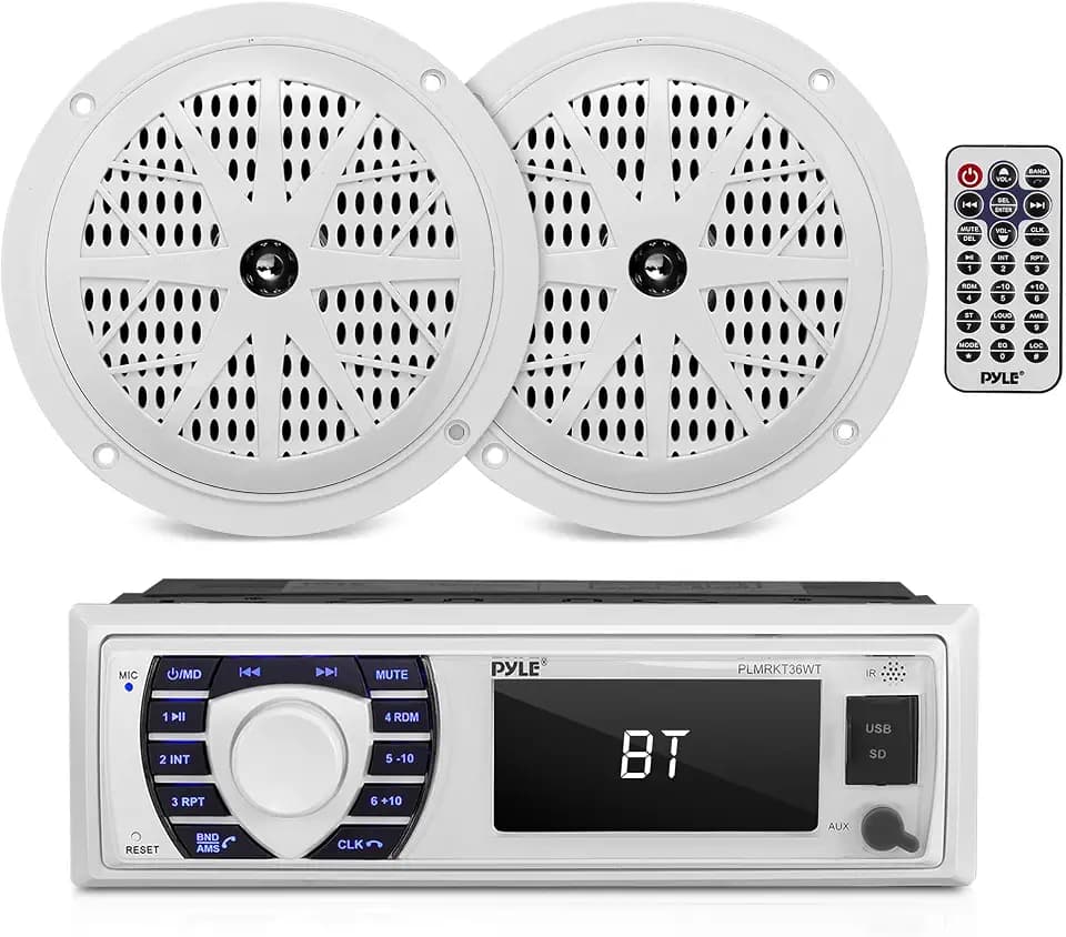 Pyle Marine Receiver & Speaker Kit - In-Dash LCD Digital Stereo Built-in Bluetooth & Microphone w/ AM FM Radio System 5.25’’ Waterproof Speakers (2) MP3/USB/SD Readers & Remote Control - PLMRKT36WT