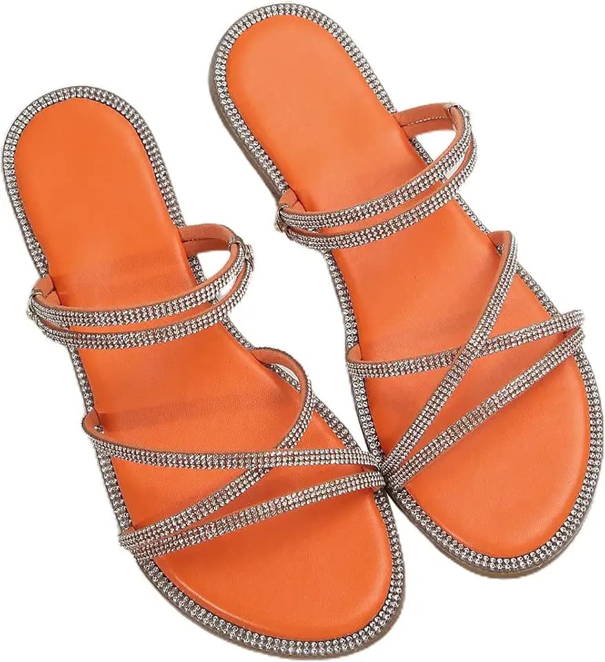 OYOANGLE Women's Rhinestone Sparkly Fancy Cute Dressy Bling Flat Sandals