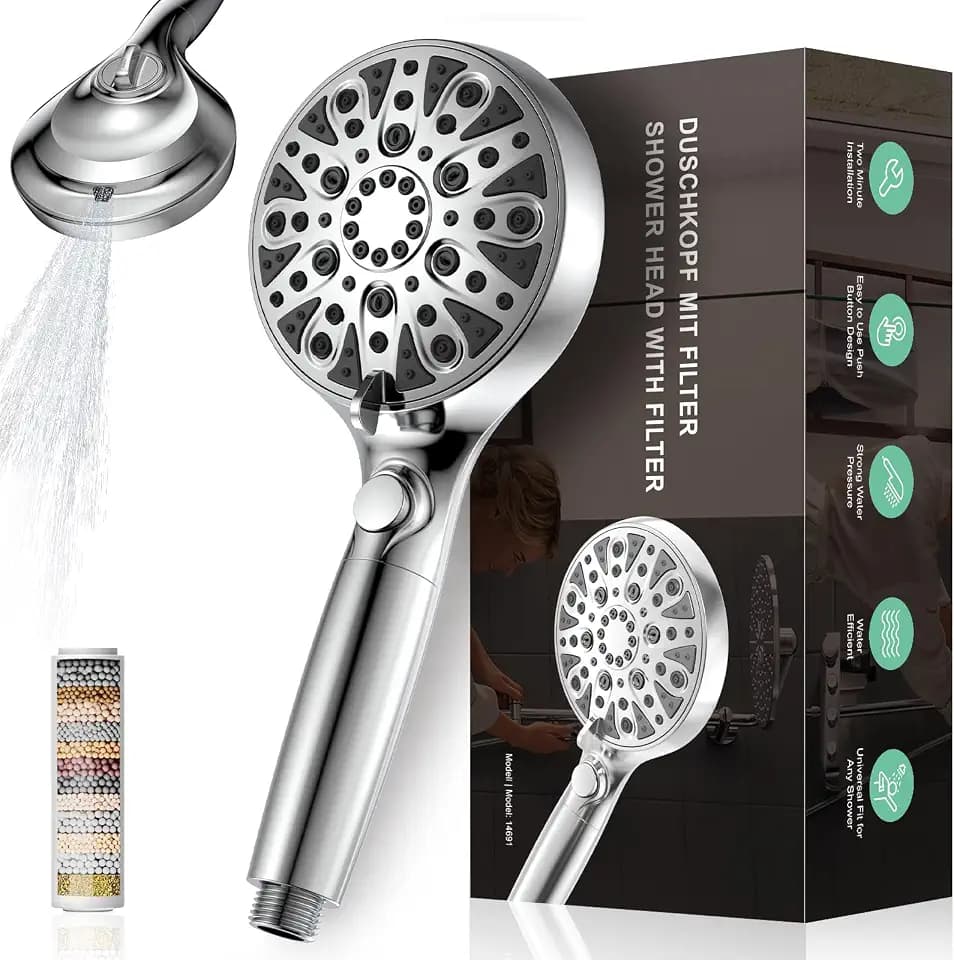 Duschkopf mit Filter, Hochdruck Handbrause mit Mehrschicht-Wasserfiltration, 10 Strahlarten, Wassersparend und Anti-Kalk, Druckerhöhender Brausekopf für Bad, Durchlauferhitzer & Haustierpflege（G1/2）