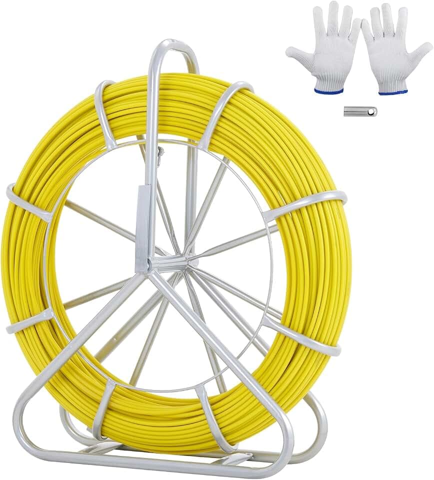 VEVOR Fiberglas Kabel Rad 150m Ø7,9mm Glasfaserstab inkl. Stahlhaspel Handschuhe Bremsgriff Metall-Zugköpfe Fischband -40℃ bis +80℃ Einziehhilfe Einziehband Einziehspirale