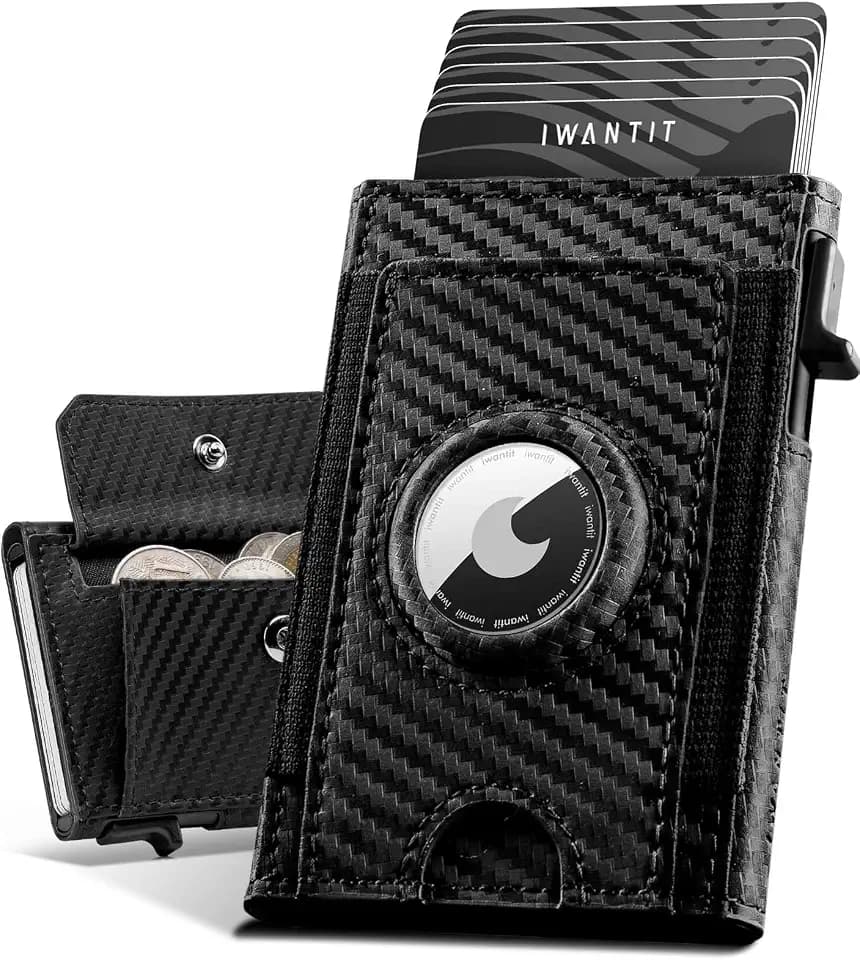 IWANTIT Airtag Wallet mit Großes Münzfach, Slim Geldbörse Herren mit RFID Schutz (Carbonfaser)