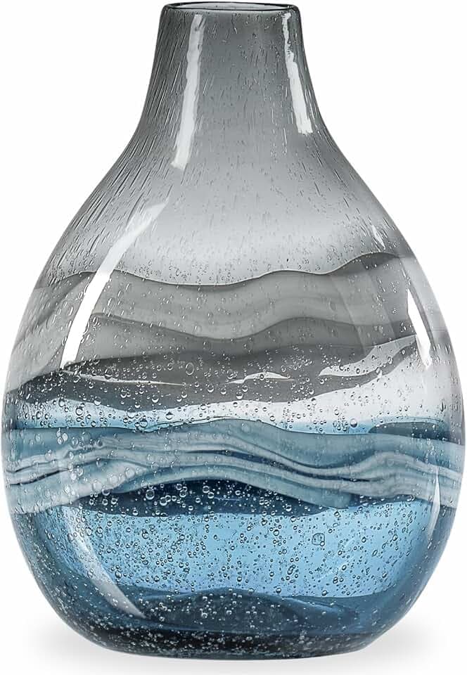 Torre & Tagus Andrea Mundgeblasene Glasvase für Heimdekoration, 27,9 cm hoch, große Blaue Glasvase als Tafelaufsatz, handgefertigte Blaue Vasen für Dekoration im Küstenwohnzimmer, Eingangsbereich,
