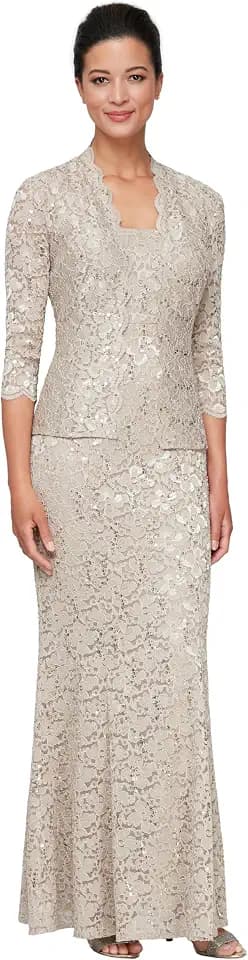 S.L. Fashions Women's Long Sequin Lace Fit and Flare Mother of The Bride Dress with Jacket (Petite & Regular Sizes)