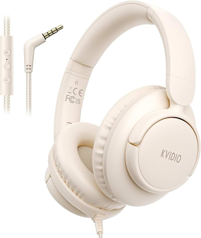 KVIDIO Wired Headphones with Mic,3.5mm Plug Volume Control for School,Beige
