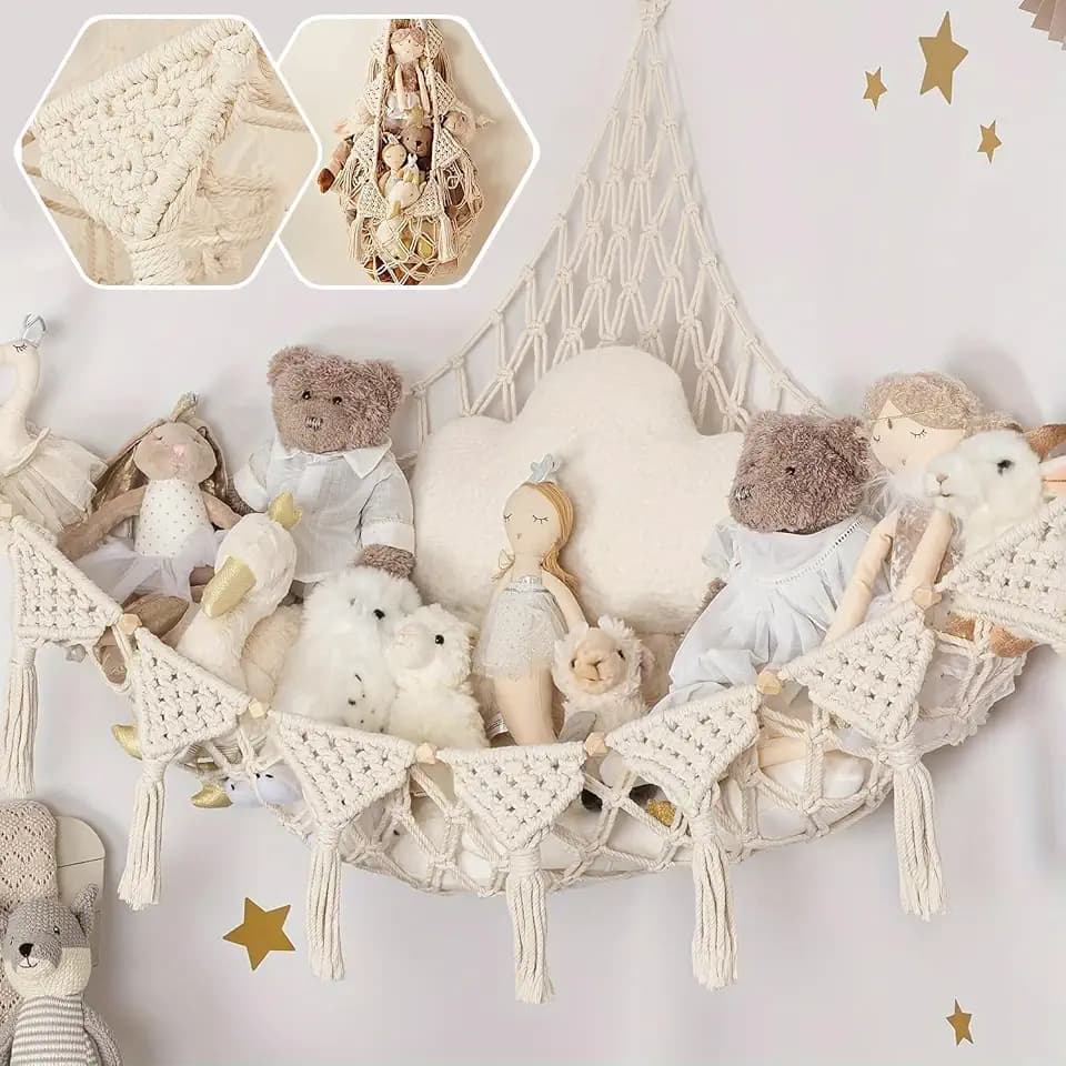 Kuscheltier Aufbewahrung Netz, Boho Makramee stofftier Spielzeug Lagerung hängende Tasche, Aufbewahrung Kuscheltiere Lagerung Netz Spielzeugaufbewahrung kinderzimmer Rosa