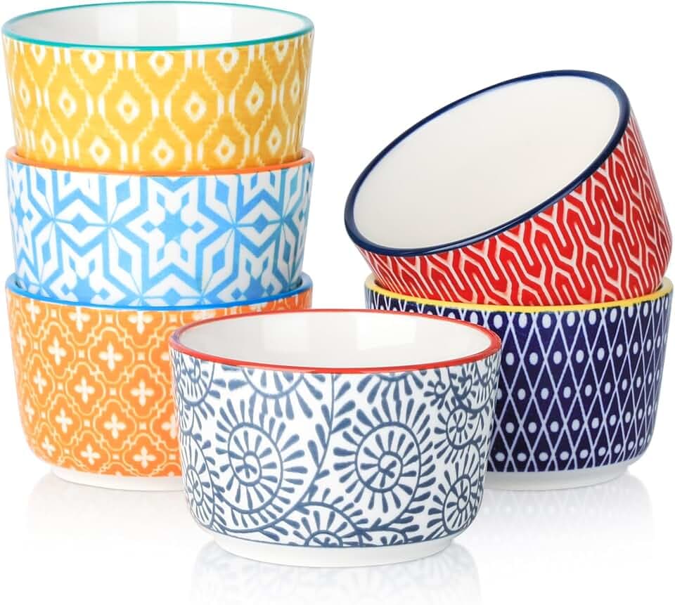 Selamica Ceramic Ramekins 4 Oz, Creme Brulee Ramekins Oven Safe, Souffle Custard Dishes/Cups for Baking, Mini Bowls for Pudding Ice Cream Dip, Set of 6, Assorted Colors