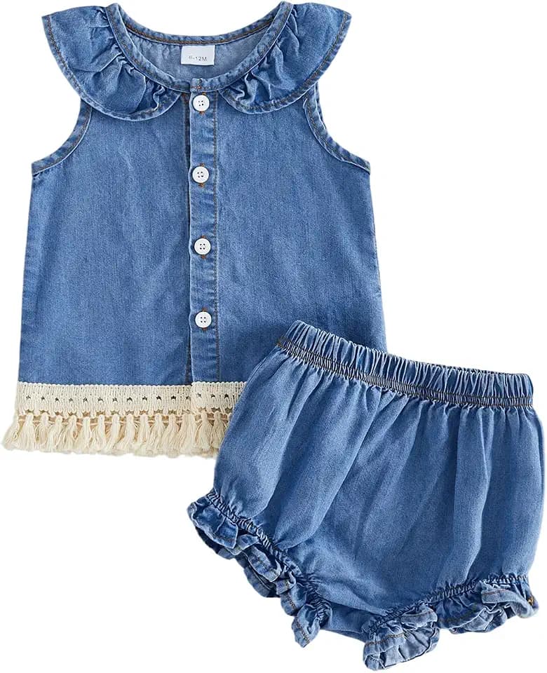 Toddler Cowgirl Outfit Girl Button Down Shirt Ruffle Sleeve Tops and Shorts Set Kids Denim Outfits Western Clothes
