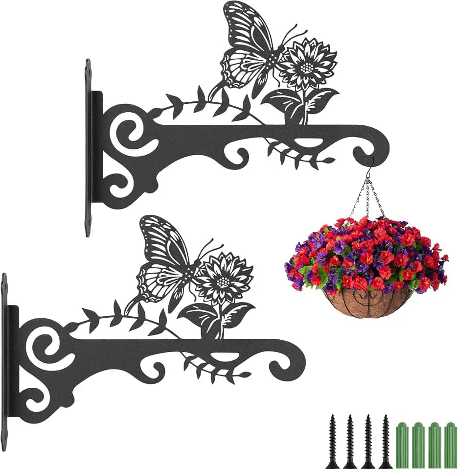 2 Stück Blumenampelhalter Pflanzenhaken, 30CM Eisen Wandhaken Hängehaken Blumenampel Halterung Pflanzenhalter Wand Garten Balkon Deko für Vogelhäuschen Laterne Windspiele (Schmetterlinge)